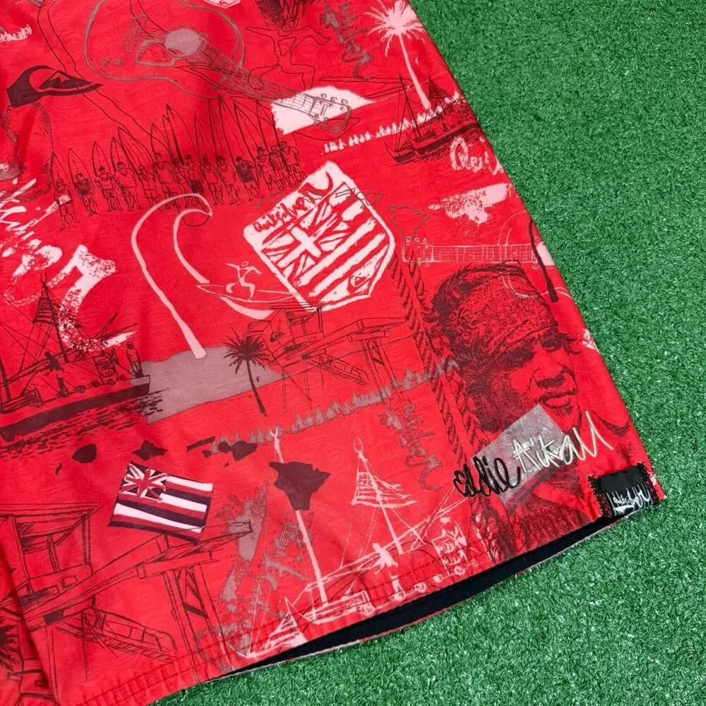 Quiksilver Eddie Aikau Board Shorts Red AOP Y2K Surf Swim Trunks Men’s 32